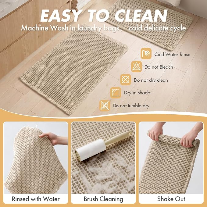 MIULEE Set of 2 Waffle Bathroom Rugs Boho Bath Mat Pale Beige 17x24 Inch | Non Slip, Super Absorbent, Washable, Ultra Soft, Rubber Backed, Small Bath Rugs for Bathroom Floor Tub Shower