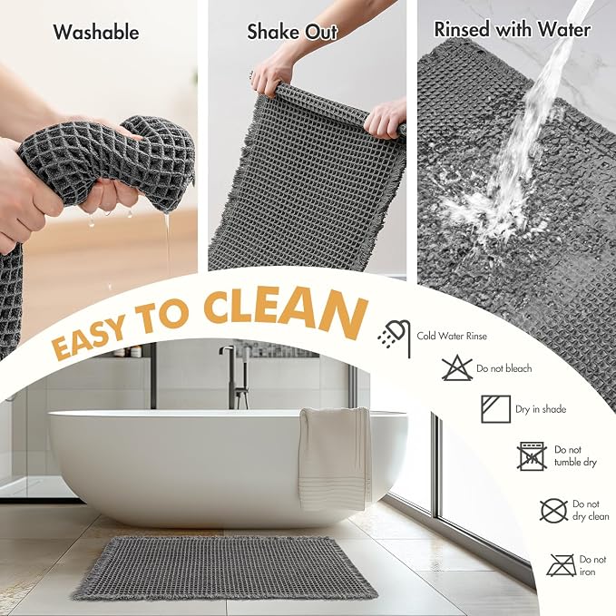 MIULEE Set of 2 Waffle Bathroom Rugs Dark Grey Bath Mat 17"x24"+18"x30" | Non Slip, Super Absorbent, Washable, Ultra Soft, Rubber Backed, Small Boho Bath Rugs for Bathroom Floor Tub Shower