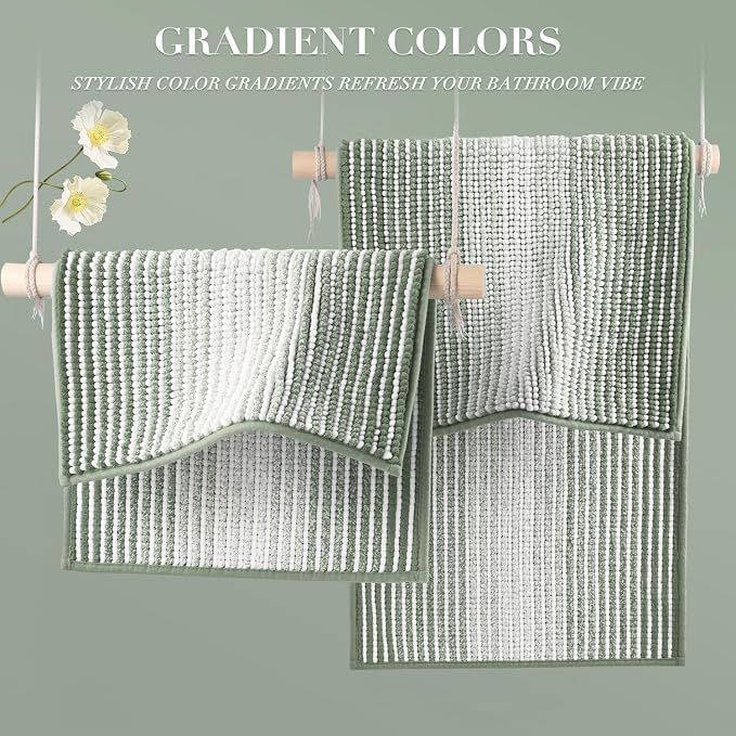 Bathroom Rugs Sets 2 Piece, Non Slip Bath Mats, Greyish Green | 20"x47" Plus 16"x24", Soft Absorbent Striped Chenille, Quick Dry Machine Washable, Shower Rug for Bathroom Bedroom Décor