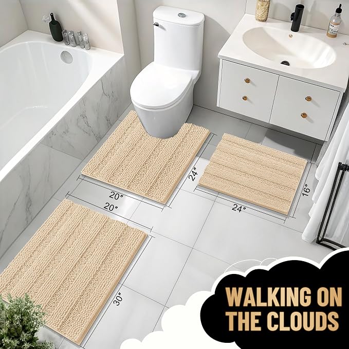 OLANLY Thick Chenille Bathroom Rugs Sets 3 Piece, 47"x20"+24"x16"+24"x20" | Beige, Absorbent Bath Mats and U-Shaped Contour Toilet Rug, Home Decor Accessories, Bath Mat Set for Bathroom