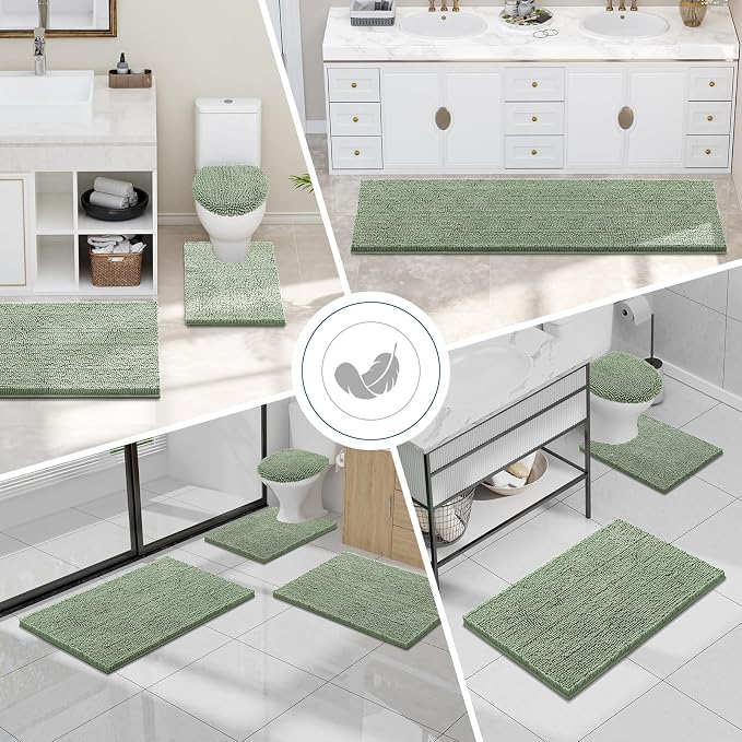 Smiry Chenille Bathroom Rugs Sets 2 Piece (47x20+30x20, Sage Green) | Soft Absorbent Machine Washable Non Slip Shaggy Bath Rug Set for Tub, Shower, and Floor, Home Decor