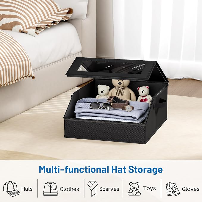 AOODA Sturdy Hat Storage for Baseball Caps, Holds up to 24 Caps Clear Hat Organizer for Closet, Bedroom, Wide Hat Box with Cardboard (Pure black)