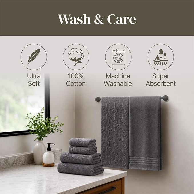 Modern Threads 6 Piece Cotton Bath Towel Set – Ultra Soft 550 GSM Towels – Bathroom Set with Hand Towels and Washcloths – Geometric (Charcoal)