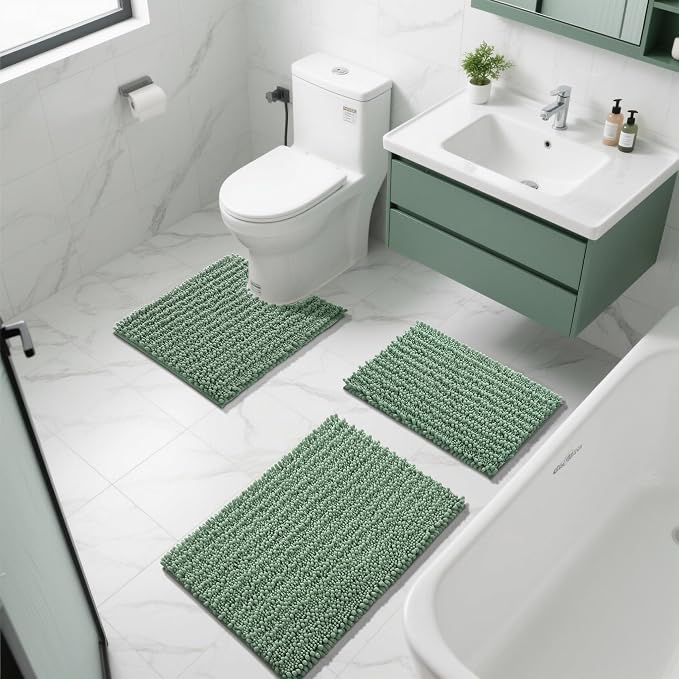 Yimobra Bathroom Rugs Sets 2 Piece - Quick Dry Extra Thick Luxury Chenille Bath Mat, Non Slip Super Absorbent for Tub Shower Sink, Machine Washable Shaggy Floor Mat, 32"x20"+24"x17" Inch, Green