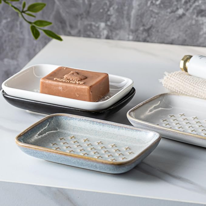 Gomakren Ceramic Soap Dish for Bar Soap 5.5in Cross Soap Saver Tray, Gray | Prevents soggy soap, non-slip bottom, easy to clean, bathroom soap holder, multi-use for sink shower, sponge butter & jewelry