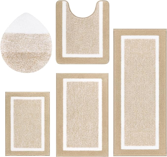 Pauwer Bathroom Rugs Set 5 Piece, Non Slip Microfiber Bath Mat, Beige | Washable Bathroom Mat with U Shaped Toilet Rug, Long Shower Runner, Toilet Lid Cover, Quick Dry Absorbent Plush Floor Carpet