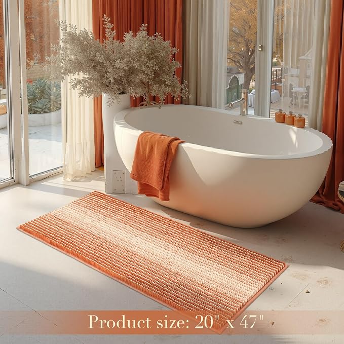 BSICPRO Large Bathroom Rugs Runner, 20x47 Chenille Bath Mat, Pumpkin Orange | Extra Soft Absorbent, Non Slip Striped, Quick Dry Machine Washable, Shower Rug for Bathroom Bedroom Decor