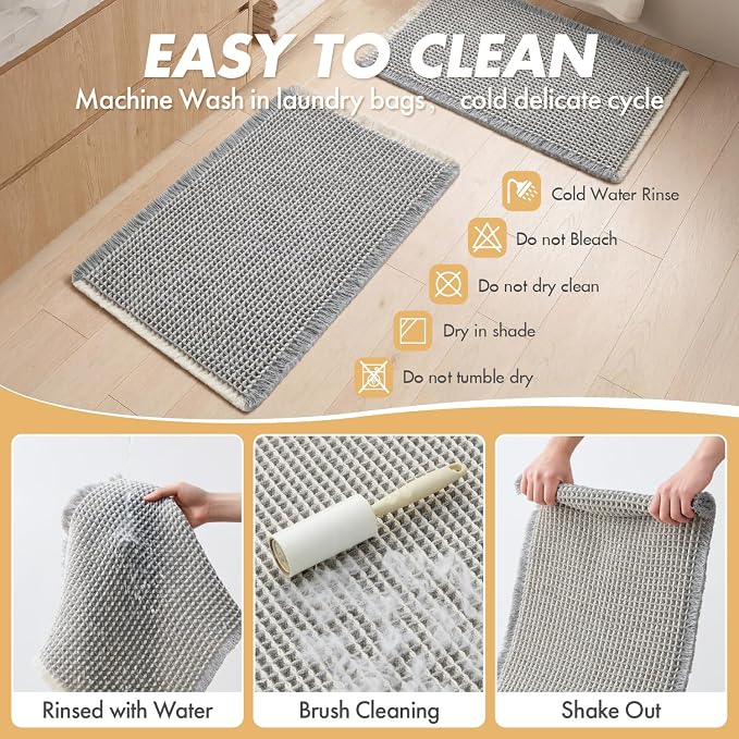 MIULEE Set of 2 Waffle Bathroom Rugs LightGrey&Cream Bath Mat 20x32 Inch | Non Slip, Super Absorbent, Washable, Ultra Soft, Rubber Backed Bath Rugs for Bathroom Floor Tub Shower, Boho Decor