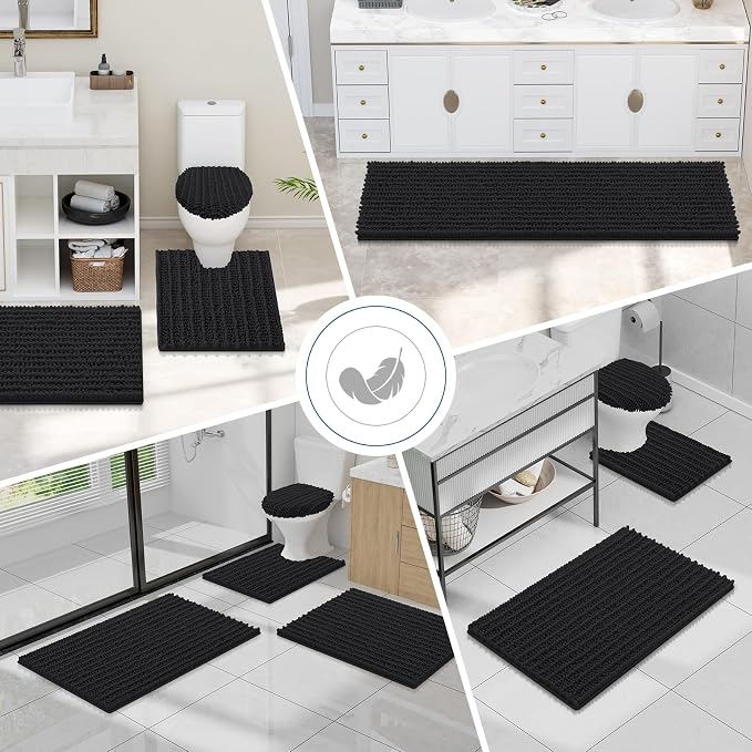 Smiry Bathroom Toilet Rugs U Shaped 24X20, Chenille Bath mats for Toilet | Black Extra Soft Absorbent Non Slip Rubber Backing Contour Bath Rugs for Toilet, Machine Washable Contoured Bath Mats