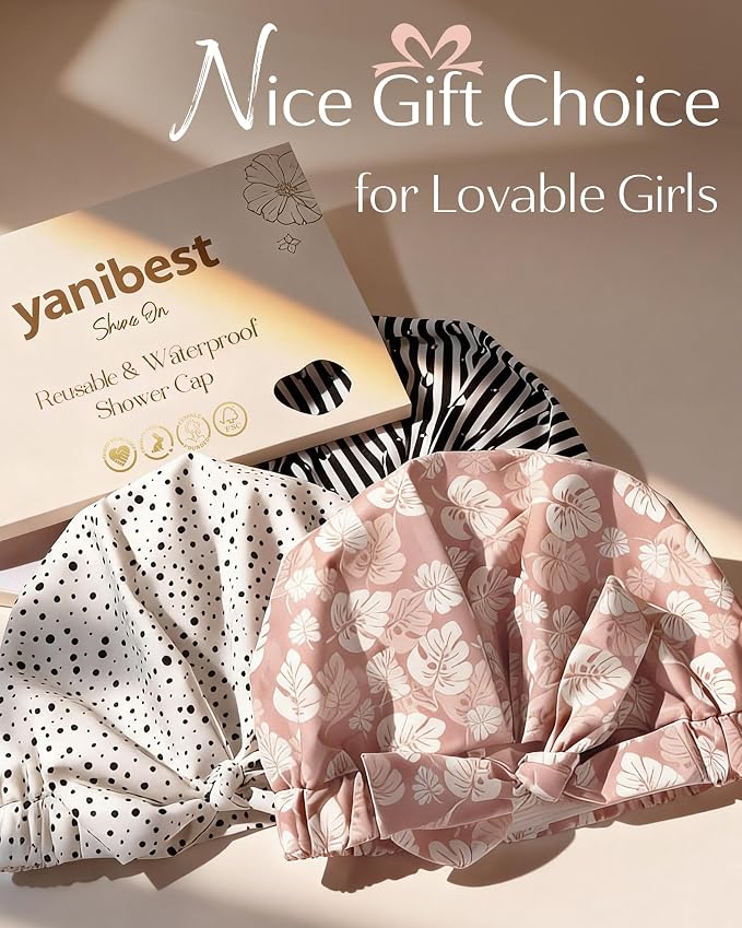 Yanibest Shower Cap for Women Reusable Waterproof, Adjustable Hair Cap | Non-Slip, Durable & Cute Washable Bath Hair Hat