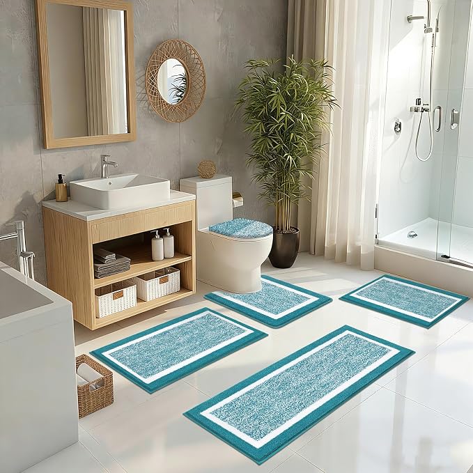 Pauwer Bathroom Rugs Set 5 Piece, Non Slip Microfiber Bath Mat, Aqua Blue | Washable Bathroom Mat with U Shaped Toilet Rug, Long Shower Runner, Toilet Lid Cover, Quick Dry Absorbent Plush Floor Carpet
