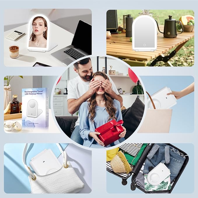 FUNTOUCH Rechargeable Travel Makeup Mirror with Lights Small 10X Magnify | Portable Lighted Compact Mirror with 10X Magnification,3 Lighting, Dimmable Touch, Tabletop Folding Cosmetic Vanity Mirror
