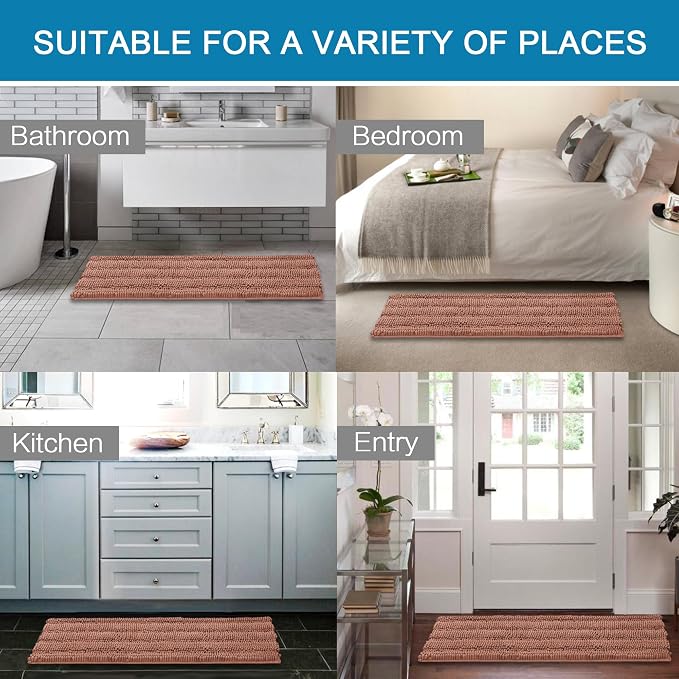H.VERSAILTEX Bath Rugs for Bathroom Non Slip Bath Mats Extra Thick Chenille Striped Bath Rug Runners 47" x 17" Absorbent Fluffy Soft Shaggy Mats Dry Fast Plush Area Carpet for Bath Room - Muted Clay