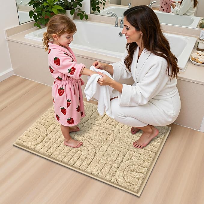 Vaukki Beige Bathroom Rugs Sets 3 Piece, 32x20+26x18+24x20 Inch | Washable Non Slip Soft Bath Mats for Shower and Tub, Plush Absorbent Microfiber Toilet Rug U Shaped