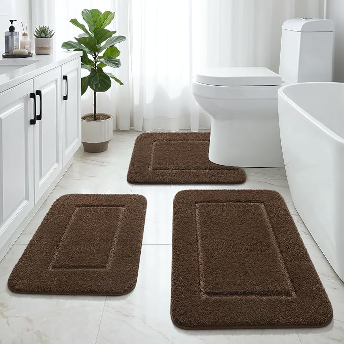 LOCHAS Bathroom Rug Set, Bath Rugs Sets 3 Piece Non Slip, Light Brown | Washable Absorbent Microfiber Bath Mat Set, Soft Cozy Bathroom Mat for Shower Sink Toilet