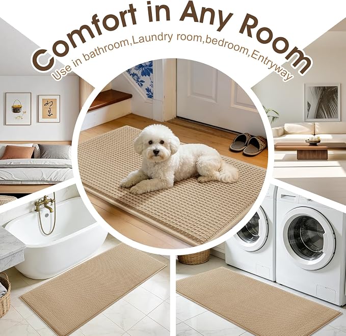 ACCUMTEK Memory Foam Bath Mat, Ultra Soft Absorbent Waffle Bathroom Rugs, Super Non-Slip PVC Backing Bath Rug Quick Dry, Machine Washable Rug for Tub, Shower, Home Decor Accessory, 24" x 17", Beige
