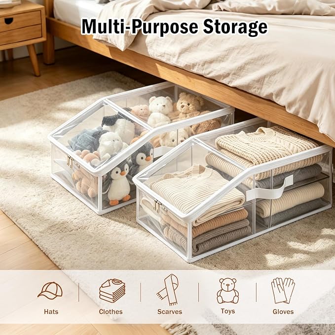 Clear Hat Organizer– Stackable Transparent Hat Display Case with Zipper Closure 2PCS– Space-Saving Protective Unit for Baseball Caps & Accessories White Trim