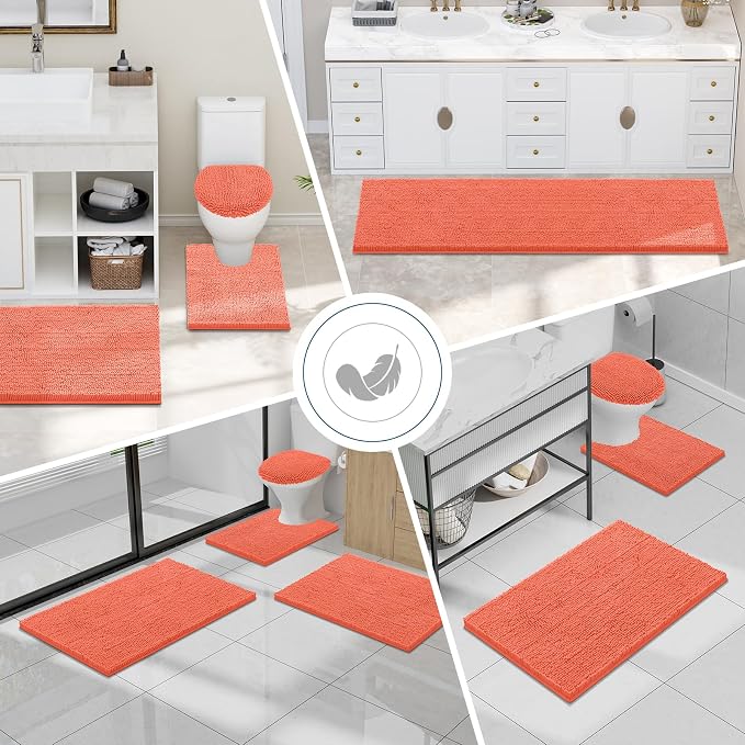 Smiry Chenille Bathroom Rugs Sets 2 Piece (30x20+ U Shape 24x20, Coral) | Soft Absorbent Machine Washable Non Slip Shaggy Bath Rug Set for Tub, Shower, and Floor, Home Decor