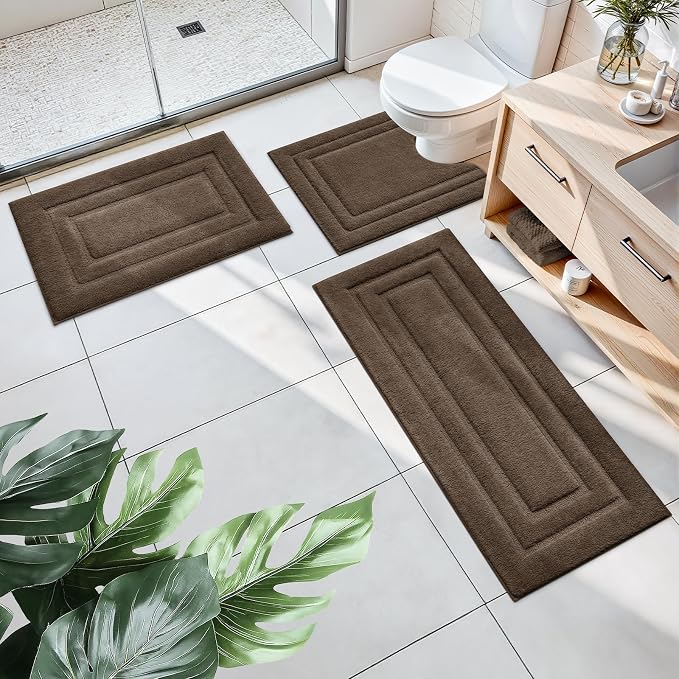 HOMEIDEAS Brown Bathroom Rugs Set of 3, Non Slip Bath Runners | Super Absorbent, Plush Microfiber, Machine Washable, Stain Resistant, Easy Care, Perfect for Modern Bathroom Decor