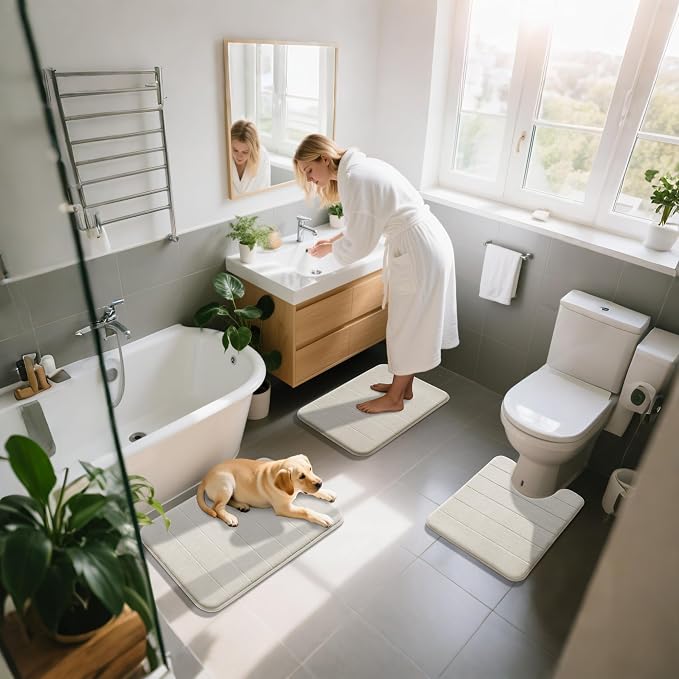 Yimobra Memory Foam Bath Mat Set 3 Pieces- Super Soft Absorbent Quick Dry Bathroom Rug Sets, Machine Washable Non Slip Floor Carpet for Tub Shower, Vanity & Toilet Base, Cream White