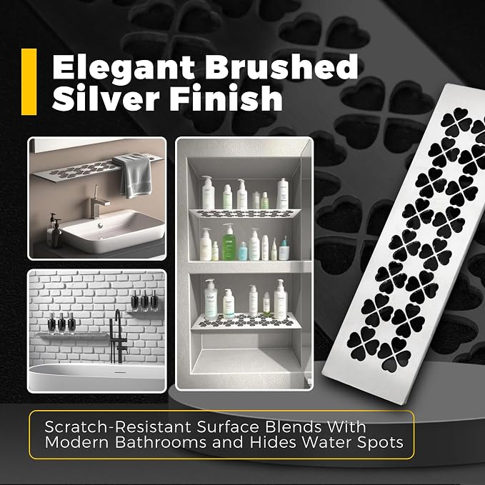 Shower Niche Shelf - 304 Stainless Steel Brushed Silver Bathroom Shelf with Lucky Clover Pattern Design, Fits 5/32" Grout Lines (11.81" L x 3.44" W)