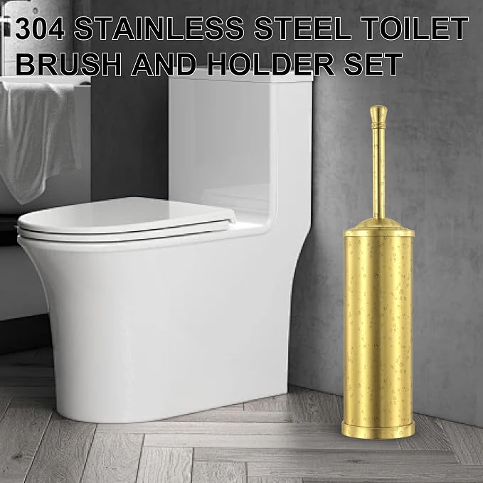 Stainless Steel Toilet Brush and Holder Set,Extra Long Handled Toilet Brush for Bathroom,Heavy Duty Toilet Bowl Brush,Modern Toilet Cleaner Brush, Splash Protection,Deep Cleaning (Gold)
