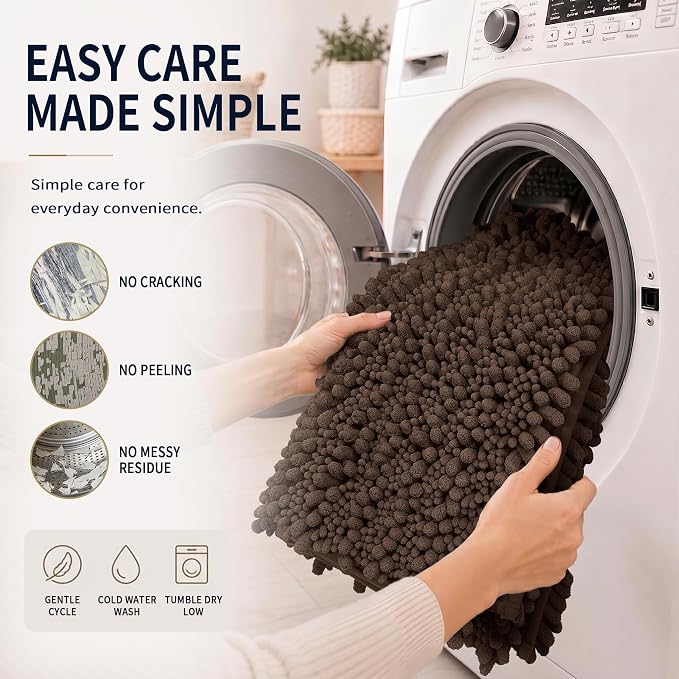 Yimobra Brown Bathroom Rug Set 3 Piece, Super Water Absorbent Bath Mat Set | Quick Dry Soft Chenille Bath Rugs & Toilet Rug, Non Slip Machine Washable, Extra Thick Shaggy Floor Mat for Shower Tub Sink