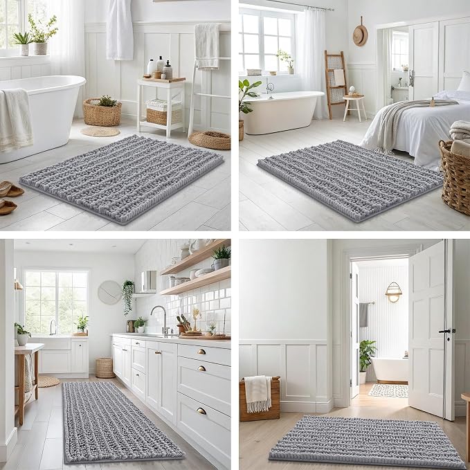 Smiry Bathroom Rugs Sets 2 Piece (47x20+30x20), Extra Soft Bath Mats | Grey Soft Absorbent, Rubber Backing Machine Washable Quick Dry Chenille Bath Rug Set for Tub, Shower, and Floor