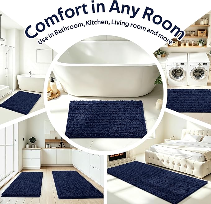 ACCUMTEK Upgrade Extra Large Navy Blue Bathroom Rug Set 3 Pieces Ultra Soft, Thick Absorbent Bath Mats, Non Slip Chenille Toilet Mat for Bathroom, Bedroom, Kitchen