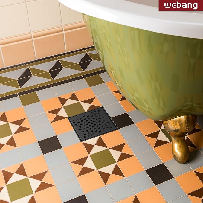 WEBANG 4 Inch Square Shower Drain Black Floor Drain with Flange Wave-Hole Pattern Cover Grate Removable SUS304 Stainless Steel Watermark&CUPC Certified Matte Black