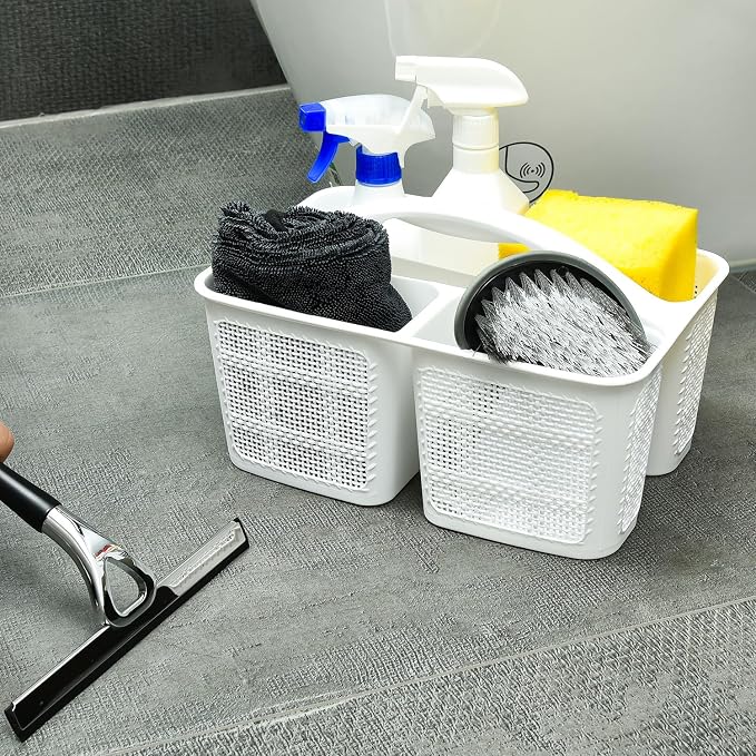 NINU Plastic White Shower Caddy Basket, Divided Cleaning Portable Shower Basket with Handle Compartments Storage Organizer for Bathroom, College, Kitchen, Dorm Room Essentials