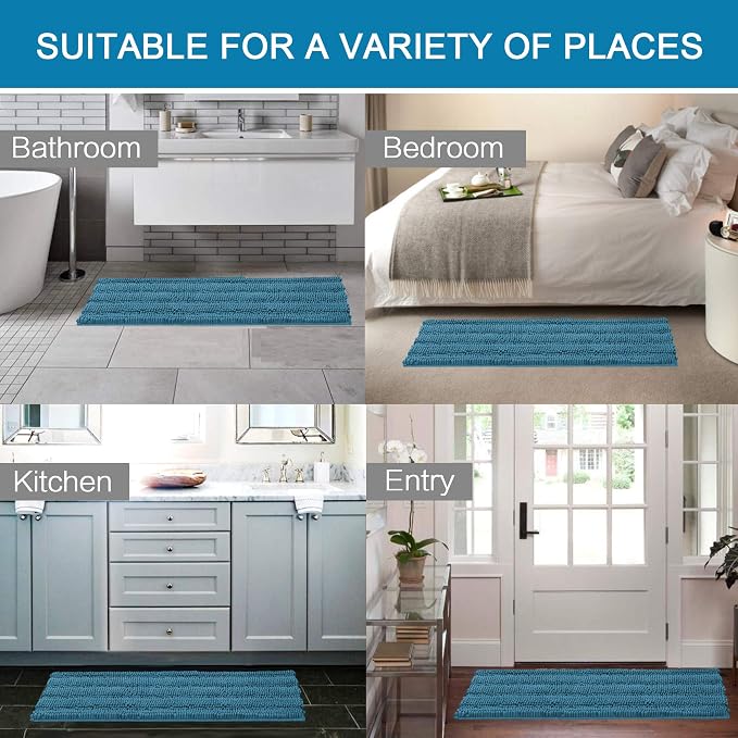 H.VERSAILTEX 2 Piece Bathroom Set - Super Absorbent Chenille Striped Bath Mats - Non Skid, Machine Washable - Turquoise Blue, 47 x 17 Plus 17 x 24 Inches