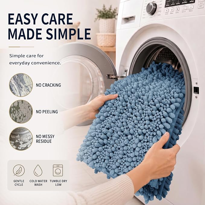 Yimobra Bathroom Rug Set 3 Piece, Super Absorbent Bath Mat Set, Denim Blue | Quick Dry Soft Chenille Bath Rugs & Toilet Rug, Non Slip Machine Washable, Extra Thick Shaggy Floor Mat for Shower Tub Sink