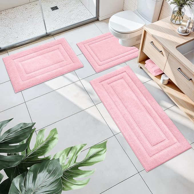 HOMEIDEAS Light Pink Bathroom Rugs Set of 3, Non Slip Bath Runners | Super Absorbent, Plush Microfiber, Machine Washable, Stain Resistant, Easy Care, Perfect for Modern Bathroom Decor