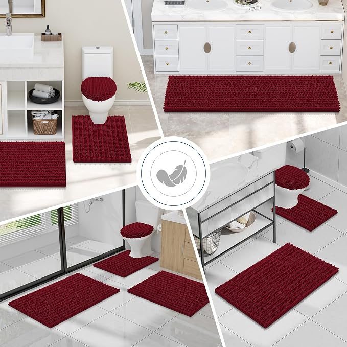 Smiry Bathroom Toilet Rugs U Shaped 24X20, Chenille Bath mats for Toilet | Red Extra Soft Absorbent Non Slip Rubber Backing Contour Bath Rugs for Toilet, Machine Washable Contoured Bath Mats