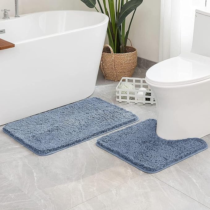 MIULEE Dusty Blue Bathroom Rugs Set 2 Piece Soft Bath Mats 20x24+16x24 Inch | Absorbent Microfiber Bath Mat and U-Shaped Toilet Rug, Non Slip, Quick Dry, for Bathroom Floor Tub Showers, Machine Washable