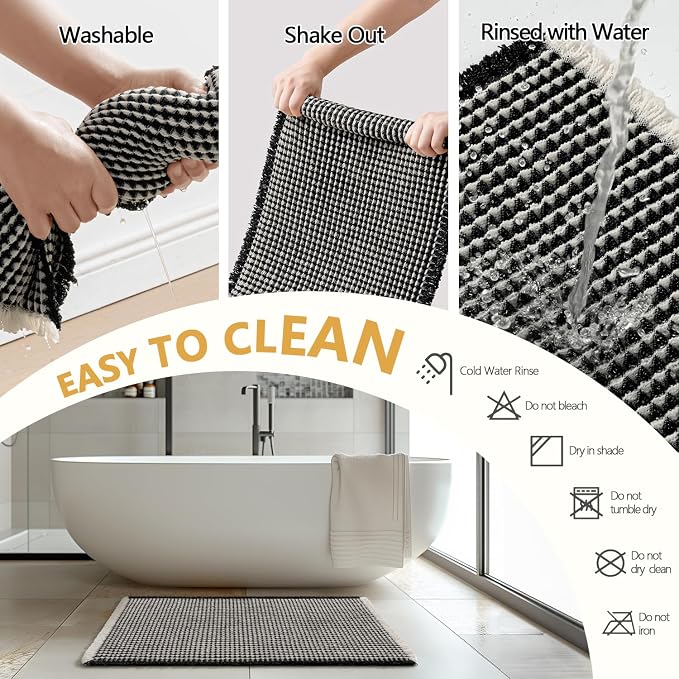 MIULEE Set of 2 Waffle Bathroom Rugs Boho Bath Mat Black&Cream 18x30 Inch | Non Slip, Super Absorbent, Washable, Ultra Soft, Rubber Backed Bath Rugs for Bathroom Floor Tub Shower