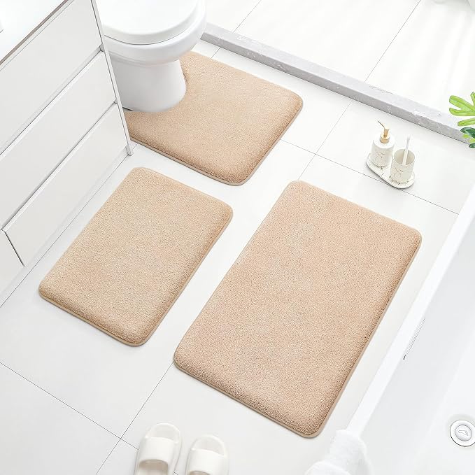 HOMEIDEAS 3 Piece Bathroom Rugs Set, Beige 17"x24"+20"x32"+20"x24" | Memory Foam, Ultra Soft, Super Absorbent Bath Mats, Non Slip Backing, U Shaped Toilet Rug for Bathroom, Tub and Shower