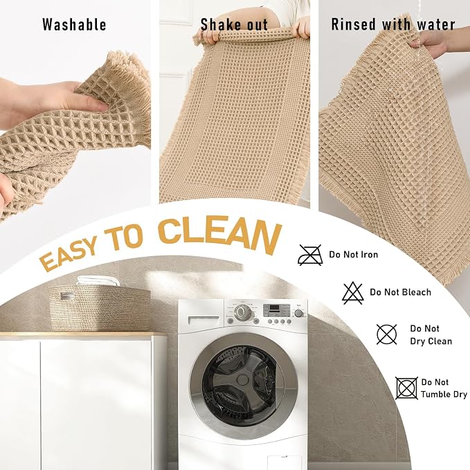JIUZHEN Set of 2 Waffle Bath Mats Boho Bath Rugs 16x24&20x32, Loop-Brown | Non Slip, Super Absorbent, Washable, Ultra Soft, Fast Drying Waffle Bathroom Rugs for Bathroom Floor, Tub, Shower