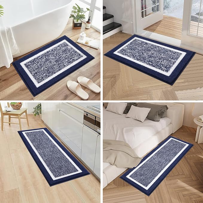 Pauwer Bathroom Rugs 3 Piece Set, Non Slip Washable Bath Mat, Navy | Soft Plush Microfiber, Super Absorbent Floor Carpet, U Shaped Toilet Mats, Quick Dry, Shaggy Shower Rugs Runners