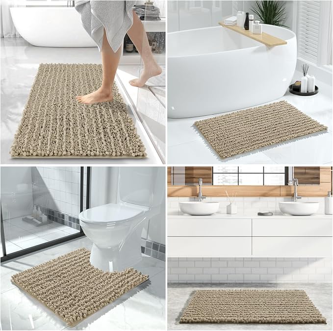 Yimobra Bathroom Rugs Sets 2 Piece - Quick Dry Extra Thick Luxury Chenille Bath Mat, Non Slip Super Absorbent for Tub Shower Sink, Machine Washable Shaggy Floor Mat, 24"x17+24"x20" Inch, Pale Khaki