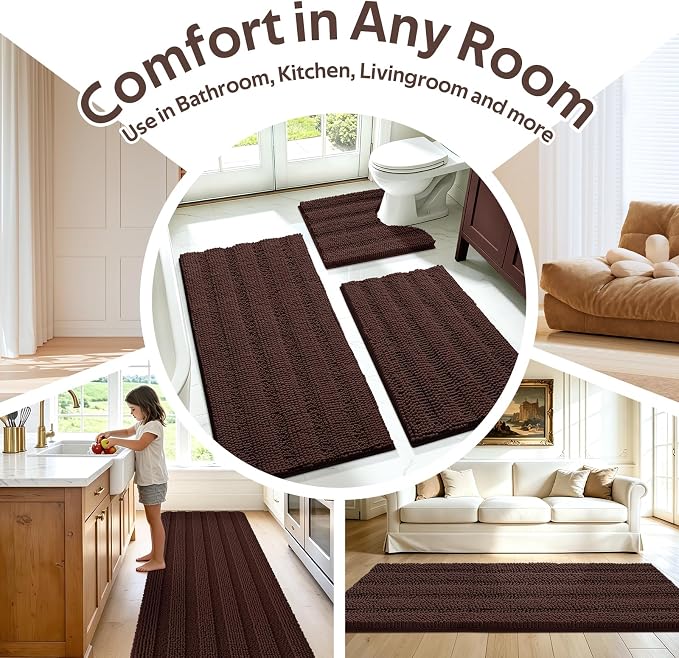 ACCUMTEK Striped Brown Bathroom Rug Set 3 Pieces Ultra Soft, Non Slip Chenille Toilet Mat, Absorbent Plush Shaggy Bath Mats for Bathroom, Bedroom, Kitchen