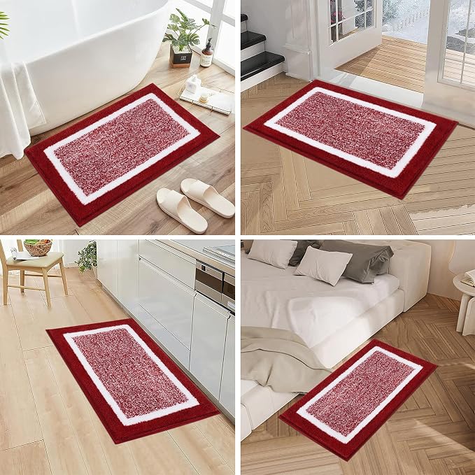 Pauwer 3 Piece Bathroom Rug Set, Non Slip Washable Bath Mat, Red | Soft Plush Microfiber, Super Absorbent Floor Carpet, U Shaped Toilet Mats, Quick Dry, Shaggy Shower Rugs Runners