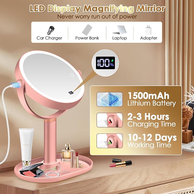 MIYADIVA Travel Makeup Mirror with Lights, Height Adjustable 30X/1X Double-Sided Magnifying Mirror, Portable Vanity Mirror with Digital Display & Phone Holder, Handheld Tabletop, Soft Rose Gold