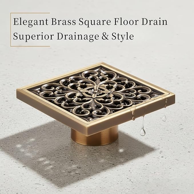 AUNMAS 4 Inch Brass Bathroom Floor Drain with Removable Cover, Art Carved Flower Pattern Shower Sink Drain Strainer for Hotel Home (1#)