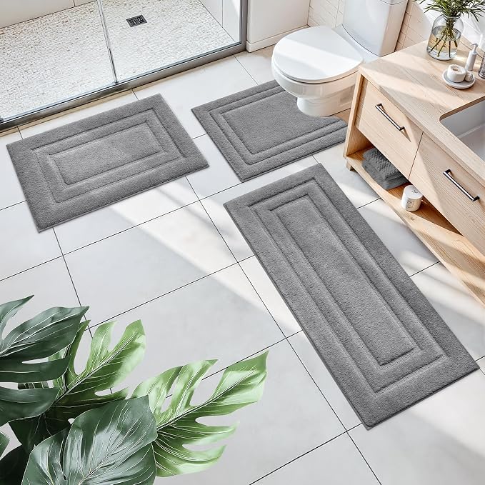HOMEIDEAS Grey Bathroom Rugs Set of 3, Non Slip Bath Runners | Super Absorbent, Plush Microfiber, Machine Washable, Stain Resistant, Easy Care, Perfect for Modern Bathroom Decor