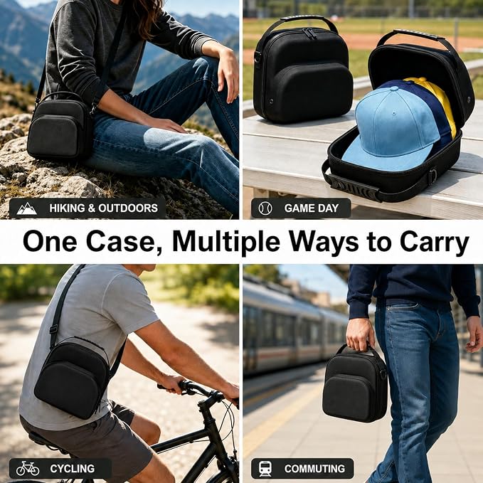 Hard Hat Travel Case for Up to 3 Baseball Caps - Premium Hat Storage Organizer Carrier with Handle and Shoulder Strap, Compact, Carry-on Travel Friendly, Crush-Proof, Black