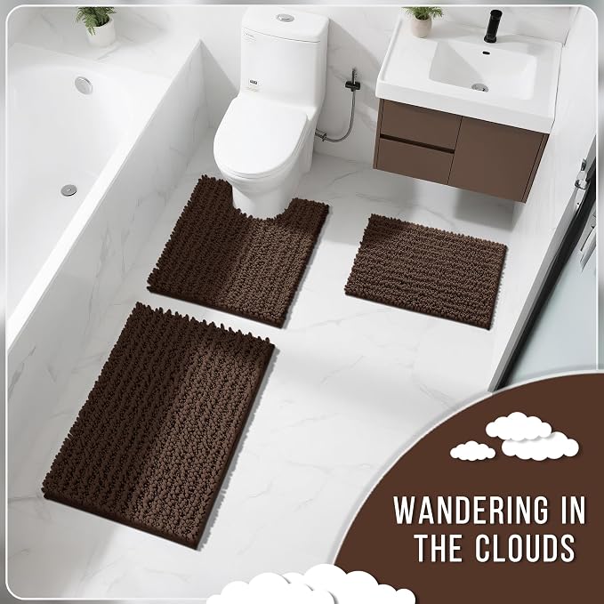Yimobra Bathroom Rugs Sets 2 Piece - Quick Dry Extra Thick Luxury Chenille Bath Mat, Non Slip Super Absorbent for Tub Shower Sink, Machine Washable Shaggy Floor Mat, 32"x20"+24"x17" Inch, Brown