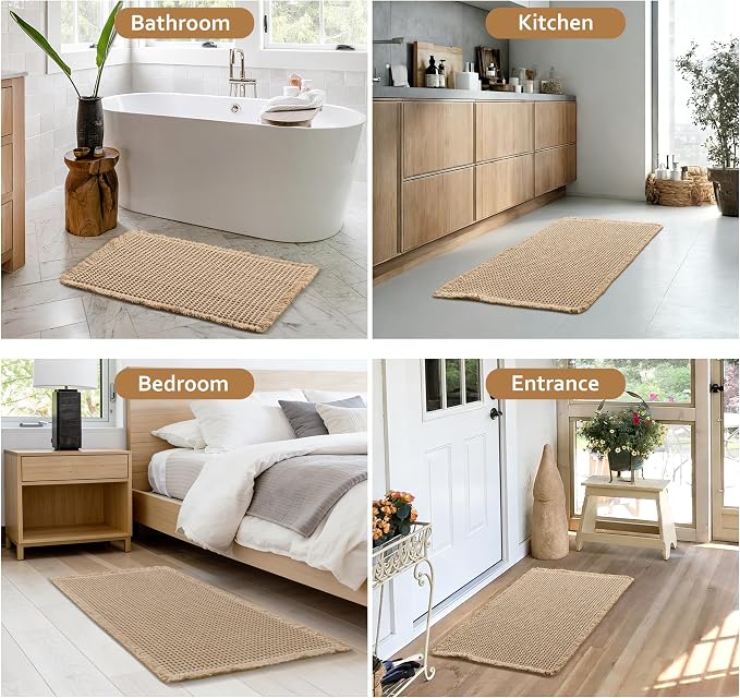 JIUZHEN Set of 2 Waffle Bath Mats Boho Bath Rugs 16"x24"+20"x32", Brown | Non Slip, Super Absorbent, Washable, Ultra Soft, Fast Drying Waffle Bathroom Rugs for Bathroom Floor, Tub, Shower