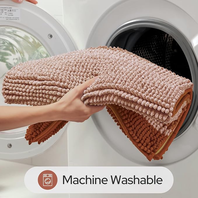 HOMEIDEAS Burnt Orange Bathroom Rugs Set, Chenille, 20"x32"+17"x24" | Non Slip Absorbent Bath Mats, Fluffy Striped Chenille Soft Shaggy Bath Rugs for Bathroom Floor and Tub, Machine Washable
